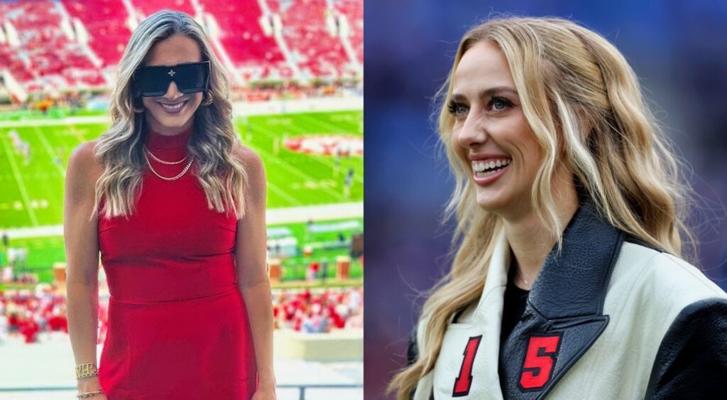 kristin saban posing at Alabama game. brittany mahomes smiling.