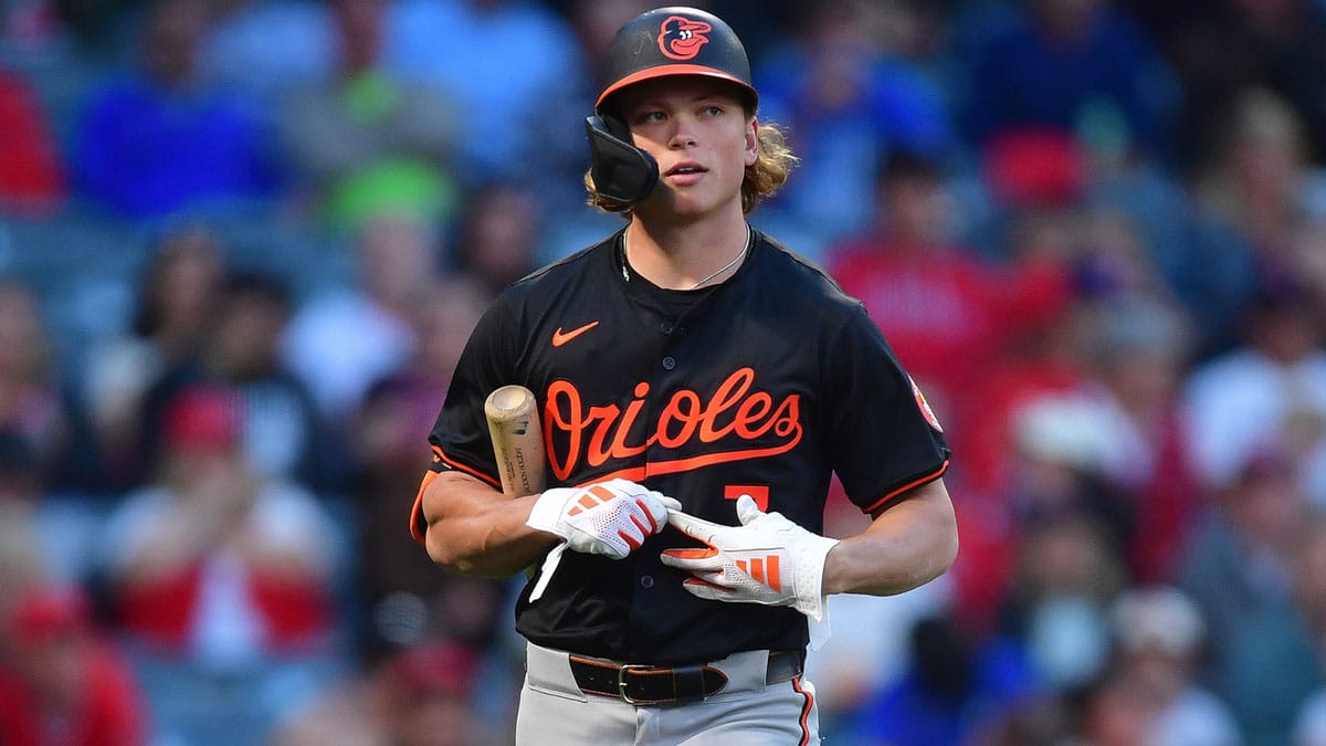 Baltimore Orioles second baseman Jackson Holliday (7) reacts after striking out against the Los Angeles Angels during the third inning at Angel Stadium.