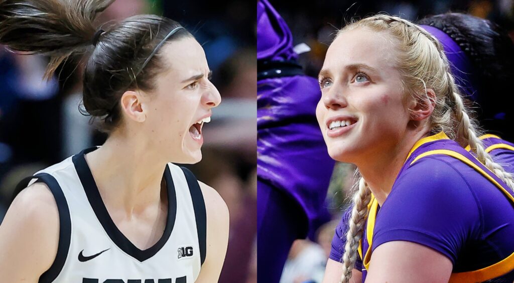 Caitlin Clark yelling and Hailey Van Lith smiling.