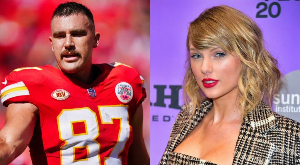 Travis Kelce in uniform. Taylor Swift posing