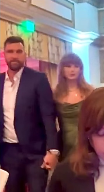 Travis Kelce and Taylor Swift hold hands at Patrick Mahomes' charity gala in Las Vegas in April 2024.