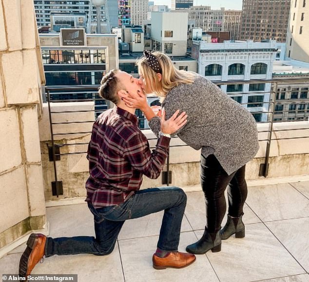 True love: In an Instagram post shared with followers, Alaina Marie Scott posted images of Matt on bended knee as he asked for her hand in marriage