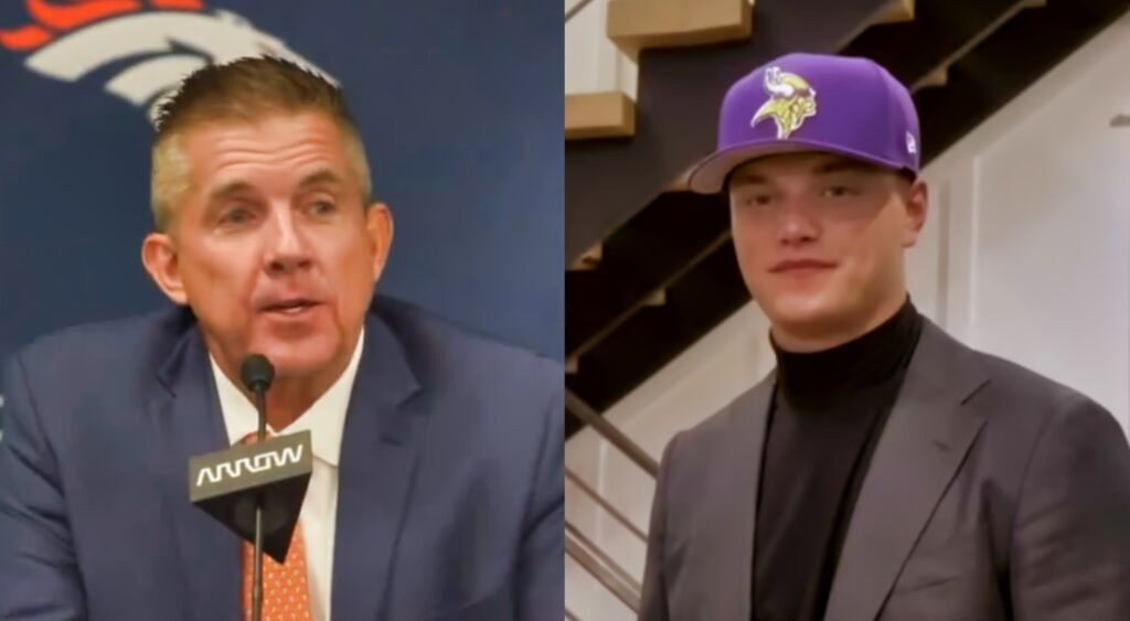 Sean Payton speaking (left). JJ McCarthy being interviewed (right).