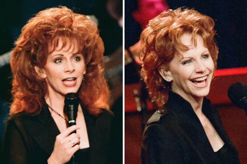 A split of Reba Mcentire performing on The Tonight Show With Jay Leno