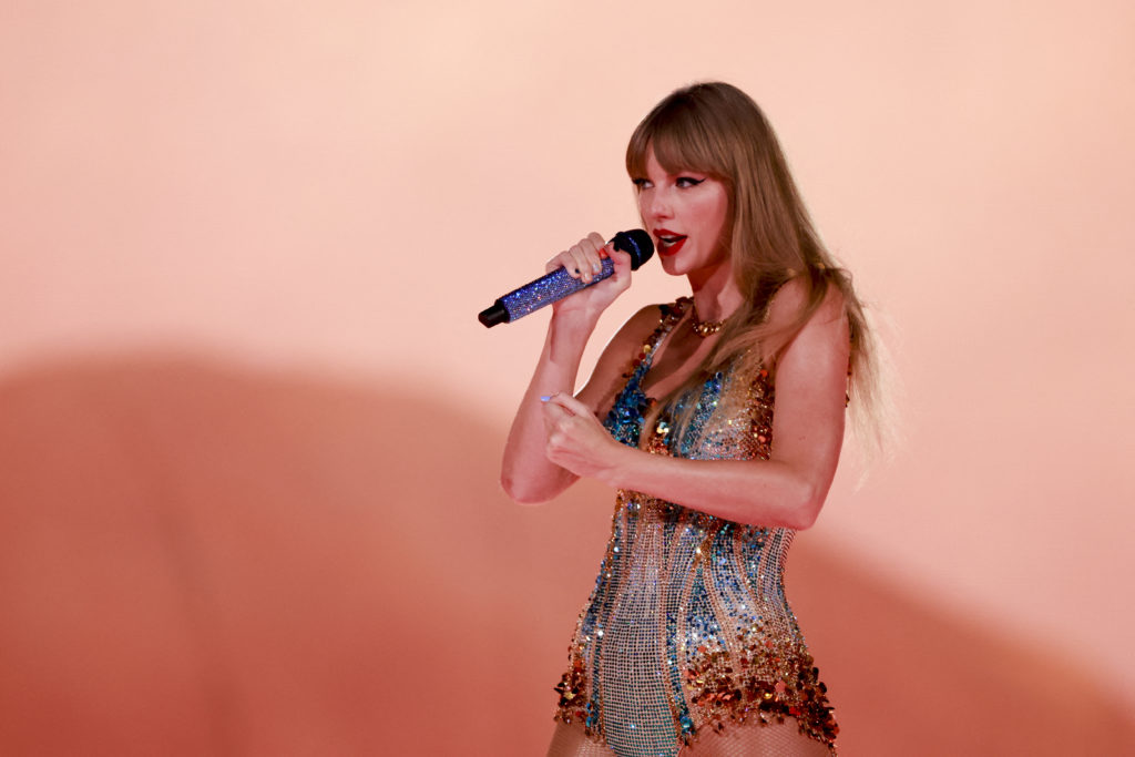 US singer-songwriter Taylor Swift performs during her Eras Tour at Sofi stadium in Inglewood, California, August 7, 2023. (Photo by Michael Tran / ...