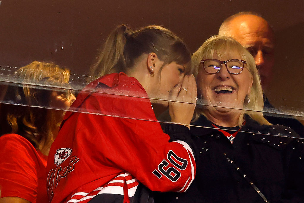 Taylor Swift and Donna Kelce look on before the game between the Kansas City Chiefs and the Denver Broncos at GEHA Field at Arrowhead Stadium on Oc...