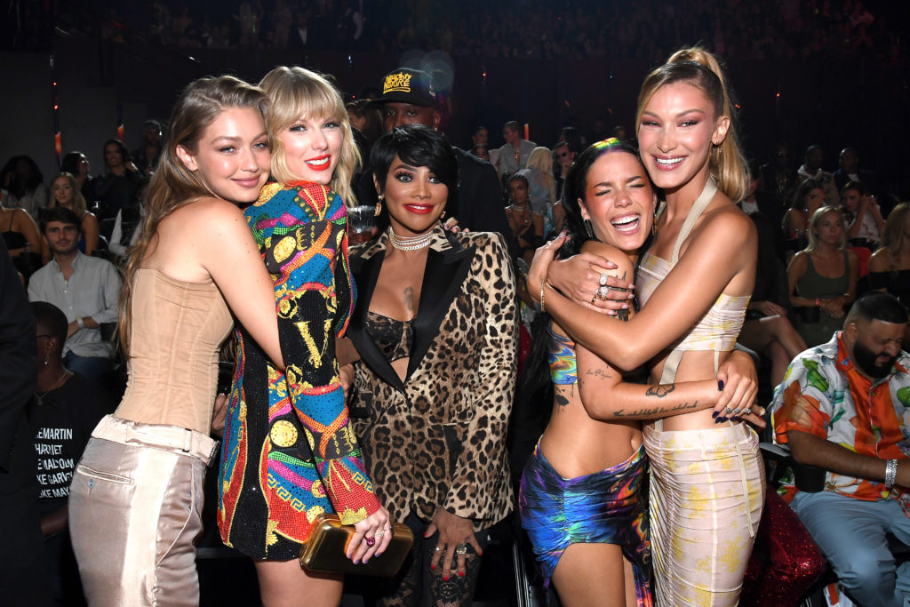 (L-R) Gigi Hadid, Taylor Swift, Sandra "Pepa" Denton, Halsey and Bella Hadid attend the 2019 MTV Video Music Awards at Prudential Center on August ...