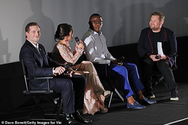 Telling the story: roducer Joe Gebbia, Director Waad Al-Kateab and Cyrille Tchatchet II speak with moderator James Corden during a Q&A