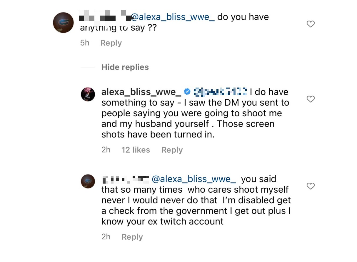 Ex-champion Bliss told the obsessive follower that she'd forwarded their threats to the police