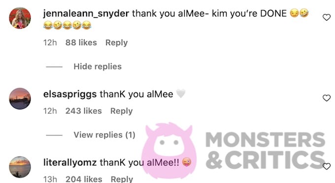 screenshot shows kim k getting trolled by commenters over thank you aimee on instagram