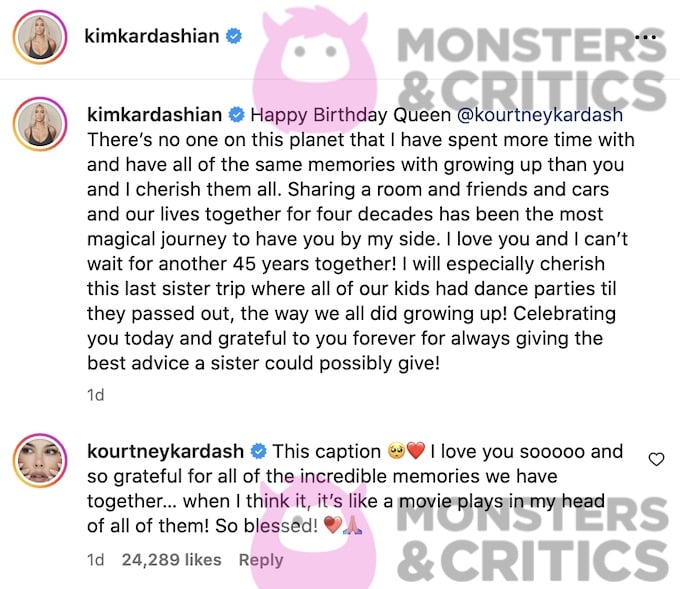 screenshot of kim kardashian instagram message to kourtney for her birthday