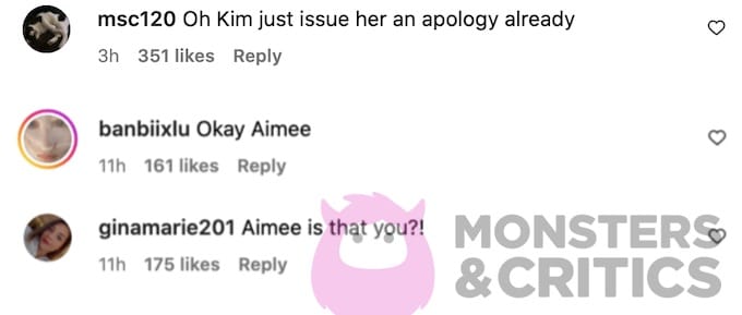 screenshot of instagram comments as swifties troll kim kardashian after taylor swift thank you aimee track