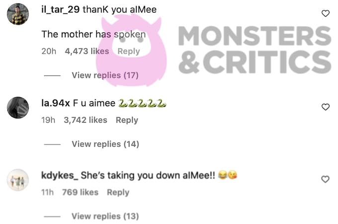 screenshot of thank you aimee comments to kim k on instagram