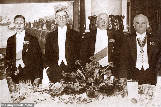 Prince Albert, Duke of York, left, pictured in 1921  at the Pilgrim Club with Prime minister, Lloyd George, far right, and Prince Arthur, Duke of Connaught, second right,  the third son of Queen Victoria and Prince Albert