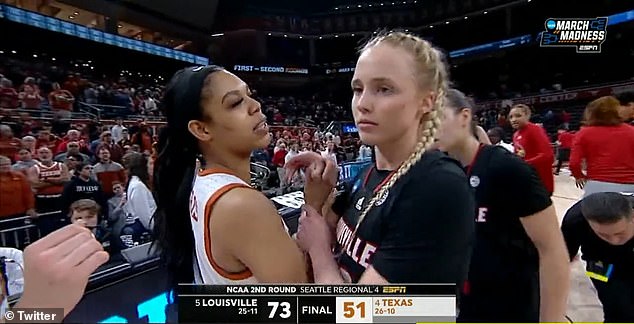 It's unclear what was said between the two or what the prior issue was, but Morris appeared to be delivering a pointed message to Van Lith, who responded by pushing the Texas senior to the side. Van Lith was clearly still chirping back at Morris as she continued slapping fives with the defeated Longhorns players