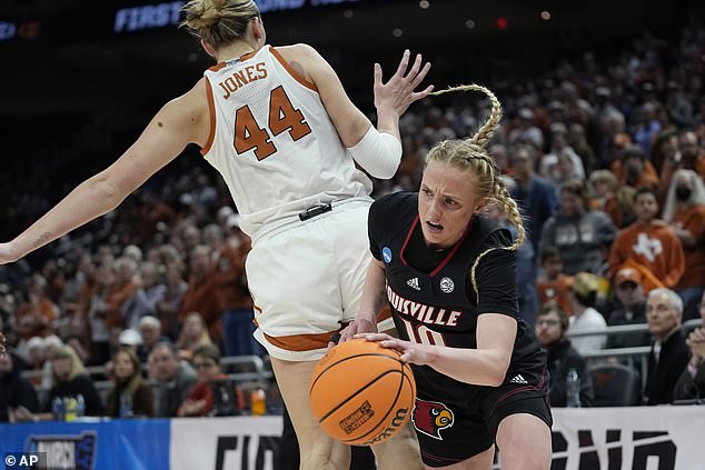 Louisville guard Hailey Van Lith (10) drives around Texas forward Taylor Jones (44) during the first half of a second-round college basketball game