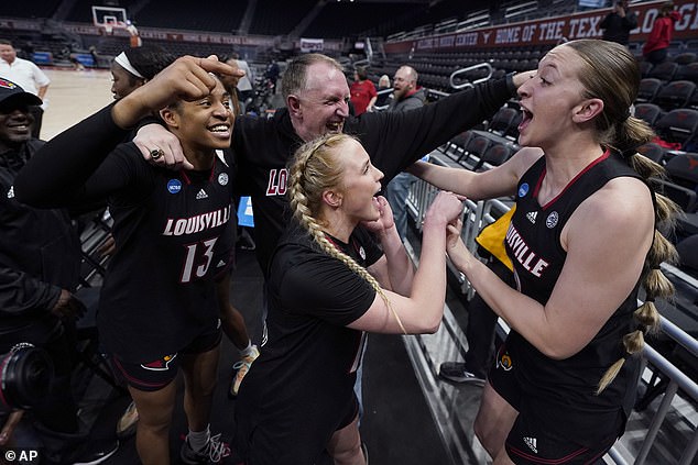 Louisville guard Merissah Russell (13), guard Hailey Van Lith, center, and center Josie Williams, right, celebrate with fans after the team's win over Texas in a second-round college basketball game in the NCAA Tournament in Austin