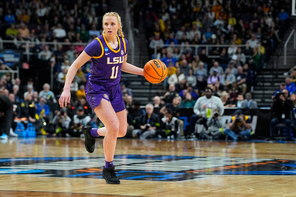 Hailey Van Lith dribbles the ball during LSU's Elite Eight game against UCLA on Saturday.