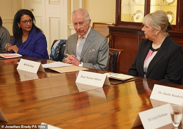 King Charles III at Buckingham Palace for a Windsor Leadership Trust event this morning