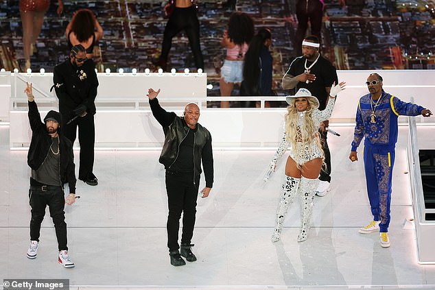 The A team: (L-R) Eminem, Kendrick Lamar, Dr. Dre, Mary J. Blige, 50 Cent, and Snoop Dogg perform during the Pepsi Super Bowl LVI Halftime Show