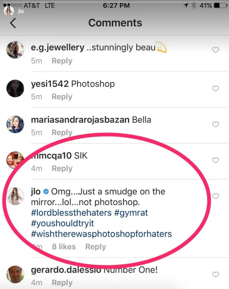 J. Lo wanted to make sure you noticed her clap back to the trolls. (Photo: Jennifer Lopez via Instagram)