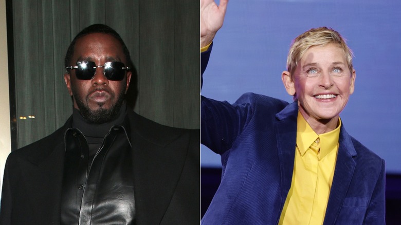 Sean Combs in sunglasses & Ellen DeGeneres smiling, waving