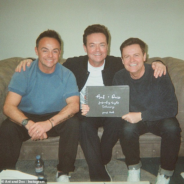 The ITV hosts were seen beaming alongside Stephen as they sat on a sofa and held up a book which read: 'Ant and Dec's Saturday Night Takeaway guest book'