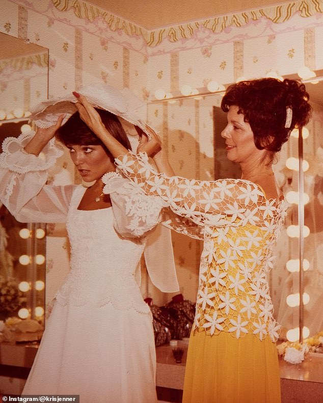 The final image shows MJ helping Kris with her wedding ensemble ahead of her nuptials to Robert Kardashian back in 1978