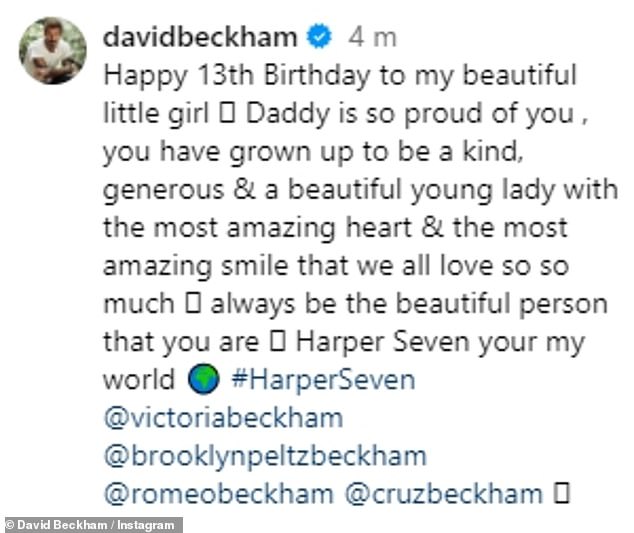 Former footballer David said in his post: 'Happy 13th Birthday to my beautiful little girl. Daddy is so proud of you'