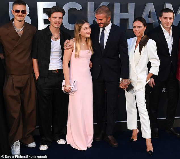 (L-R) Romeo Beckham, Cruz Beckham, Harper Beckham, David Beckham, Victoria Beckham and Brooklyn Beckham