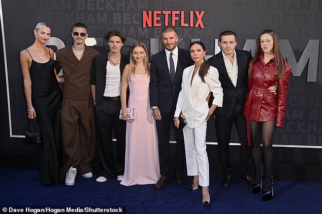 Where is she? It comes after Tana was noticeably absent from the premiere of Cruz's family's Netflix series on Wednesday (Cruz pictured third-left with Mia Regan, Romeo, Harper, David, Victoria, Brookyln and Nicola Peltz)