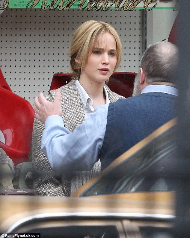 On the set: The Dior spokesmodel also reteamed with filmmaker David O. Russell for the third time in the upcoming biopic Joy (pictured April 14)