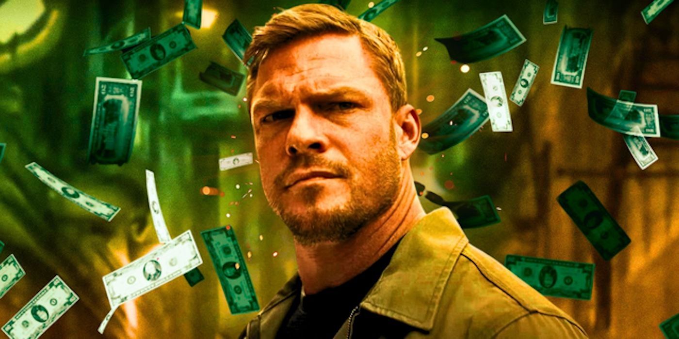 Alan Ritchson's Reacher frowning with a background of falling dollar bills