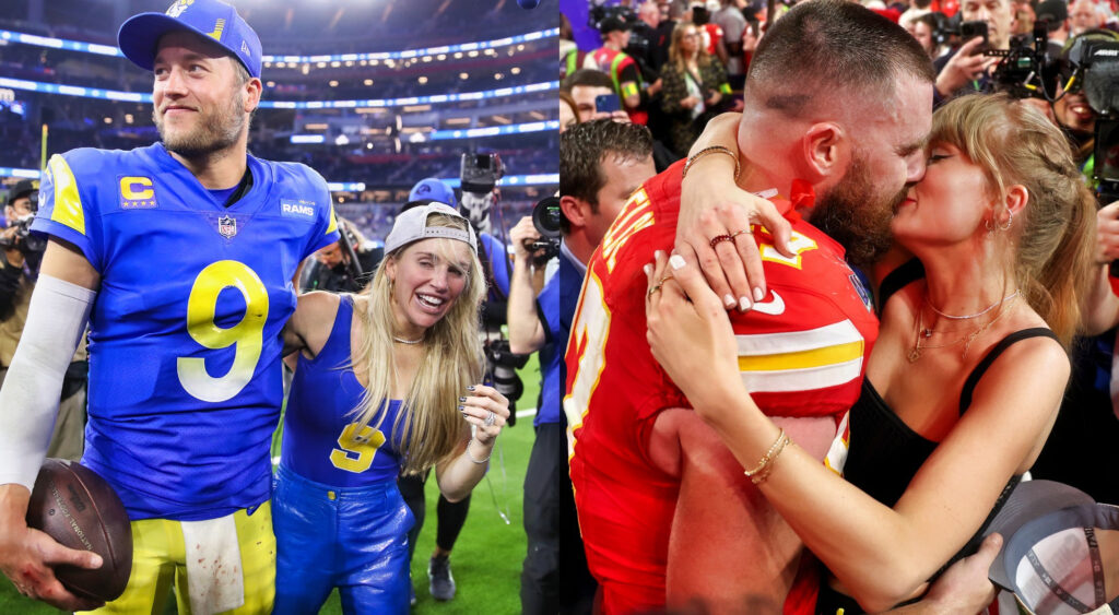 Photos of Matthew Stafford and Kelly Stafford celebrating and photo of Travis Kelce and Taylor Swift kissing