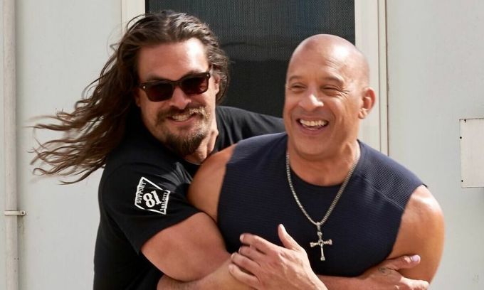 Jason Momoa (left) and Vin Diesel joke around on the set of Fast & Furious 10. Photo: Vin Diesel Instagram