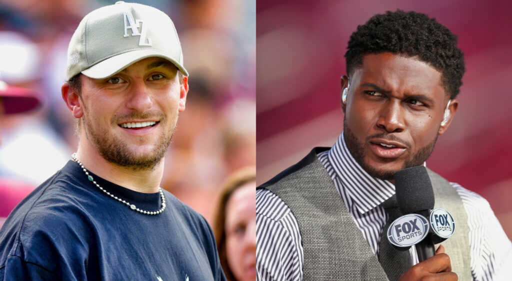 Photo of Johnny Manziel smiling and photo of Reggie Bush speaking