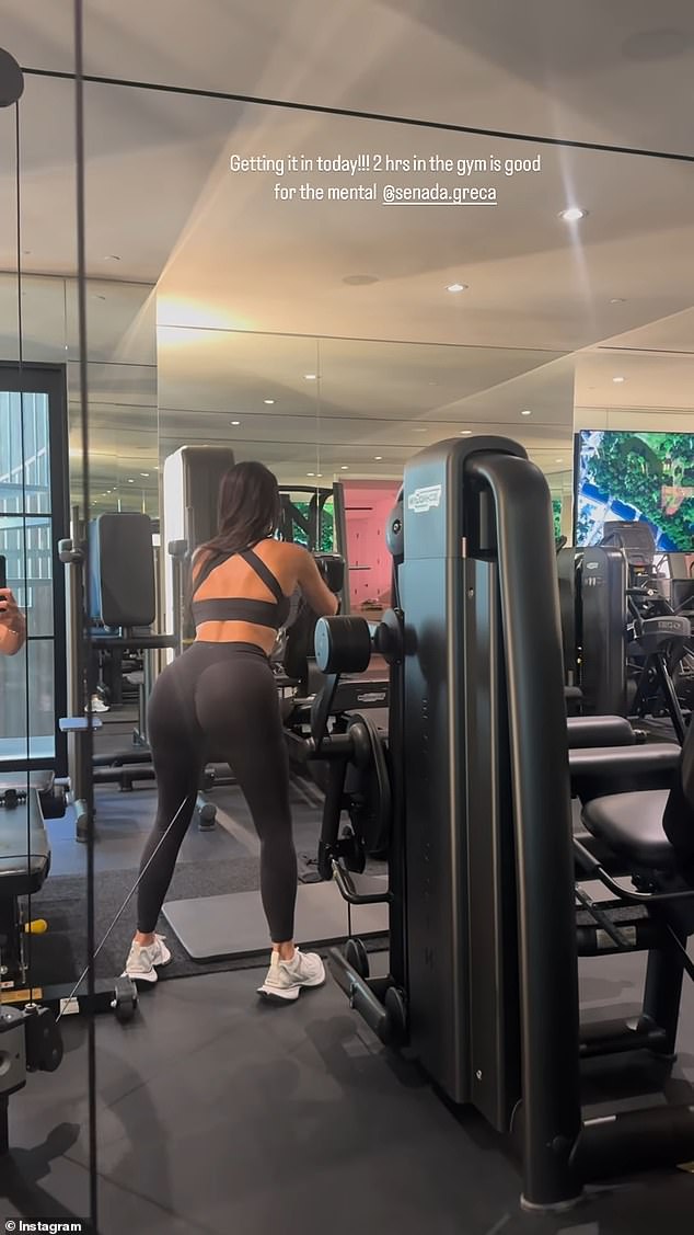 Kim Kardashian showcased her pert derriere during her two hour workout at her at home gym