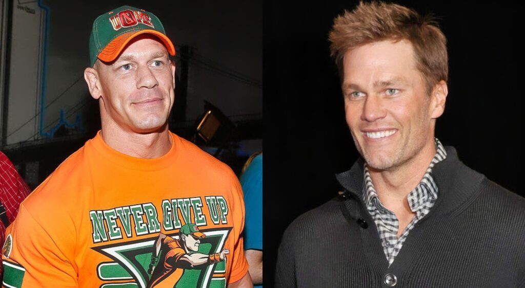 John Cena in WWE shirt. Tom Brady smiling