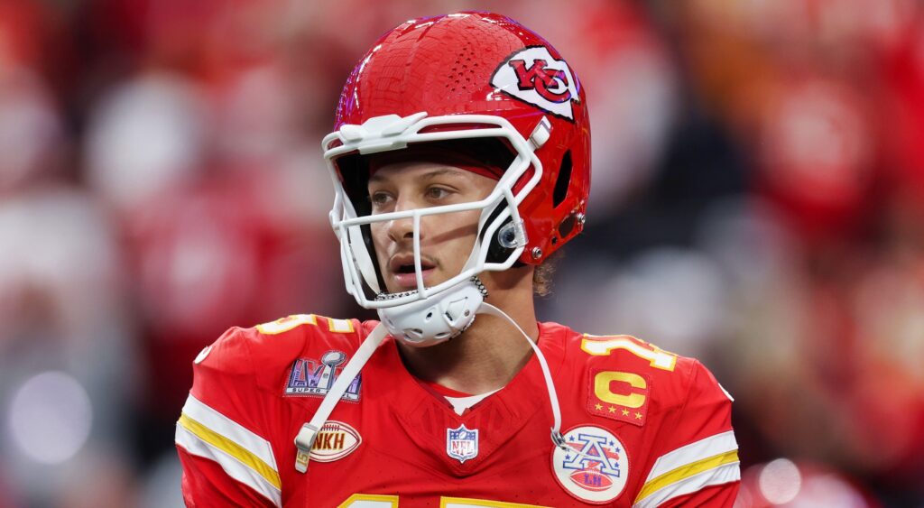 Patrick Mahomes of Kansas City Chiefs looking on.