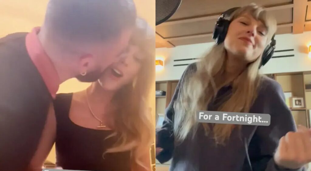 Taylor Swift being kissed by Travis Kelce. Taylor Swift making music