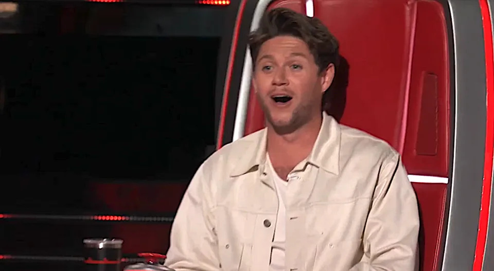 Coach Niall Horan reacts to seeing Talakai on The Voice Season 24. (NBC)