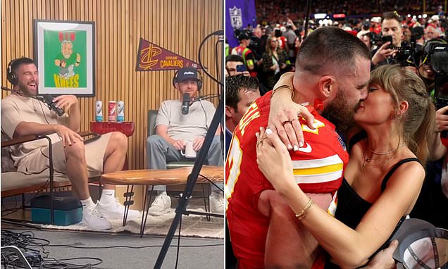 Travis Kelce New Heights teaser clip emerges with comedian Andrew Santino ahead of this week's episode - where fans hope he addresses Taylor Swift's songs about him on new album | Daily