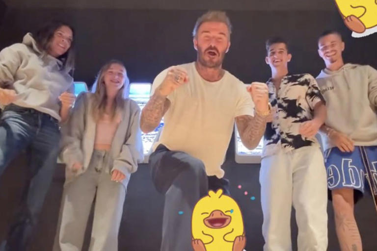 david beckham/instagram Victoria Beckham, Harper Beckham, David Beckham and Romeo Beckham doing the 'Just Give Me My Money' TikTok trend