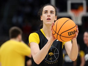 Caitlin Clark of the Iowa State Hawkeyes shoots during an open practice session ahead of the 2024 NCAA Women's Basketball Final Four National Championship at Rocket Mortgage Fieldhouse on April 6, 2024 in Cleveland, Ohio.